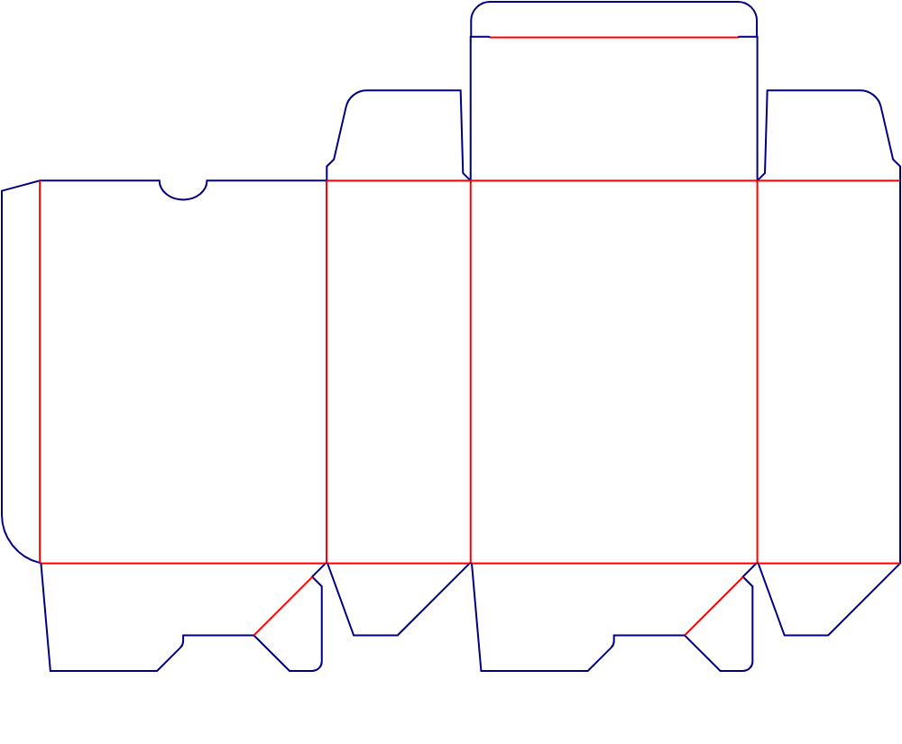 Flat dieline template for rear-opening auto-lock bottom cartons, style E60197.