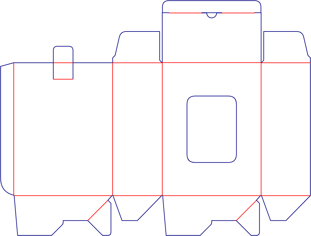 Flat dieline template for rear-opening window folding cartons, style E60199.