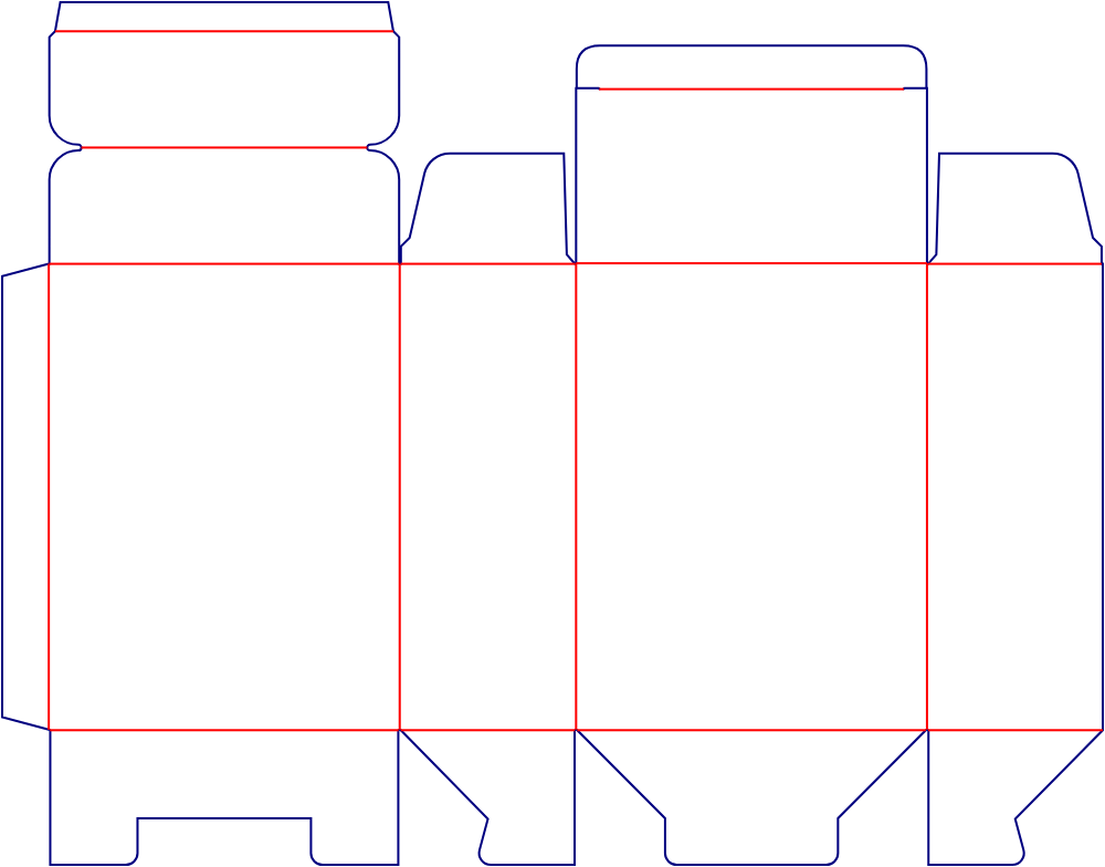 Flat dieline template for tuck-end cartons with display back panels, style E60206.