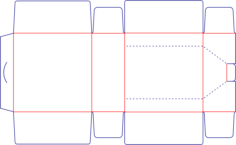 Flat dieline template for folding cartons with tear-open details, style E60212.