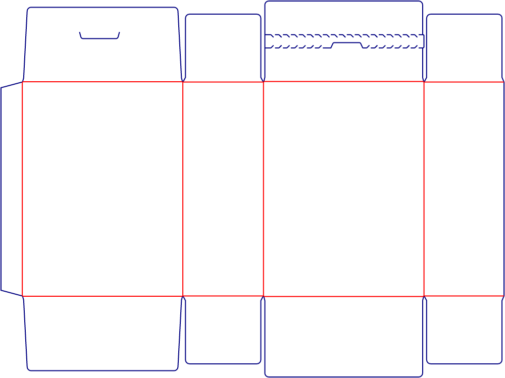 Flat dieline template for tear-open folding cartons, style E60218.