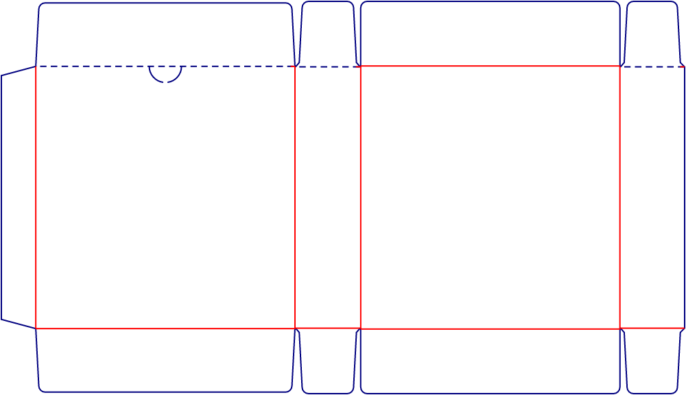 Flat dieline template for tuck-end cartons with tear lines, style E60221.