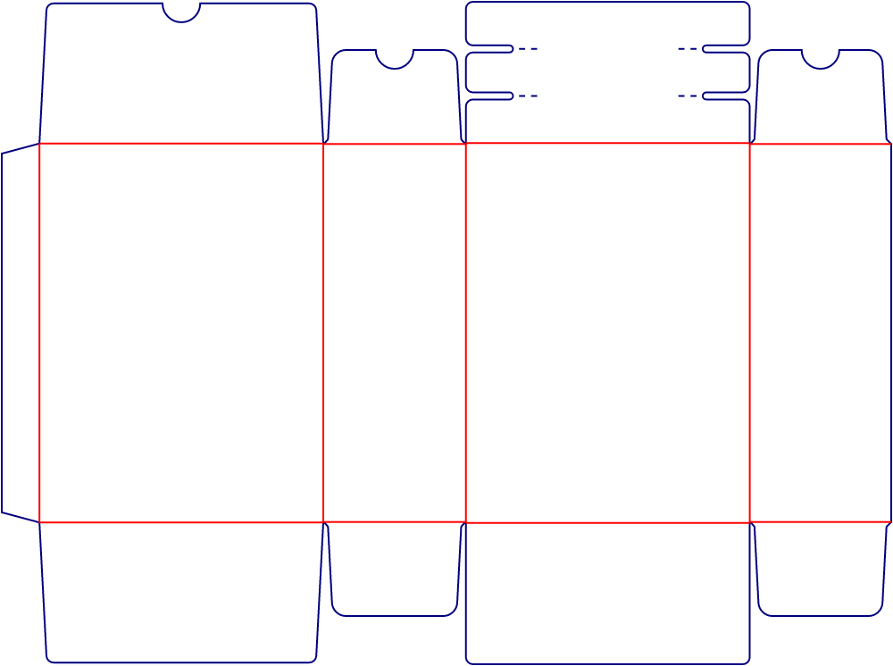 Flat dieline template for tuck-end cartons with tear lines, style E60259.