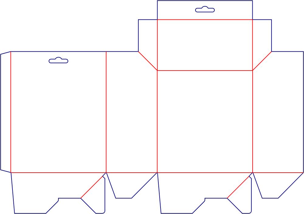 Flat dieline template for hanging tuck-end cartons with euro slots, style E60275.