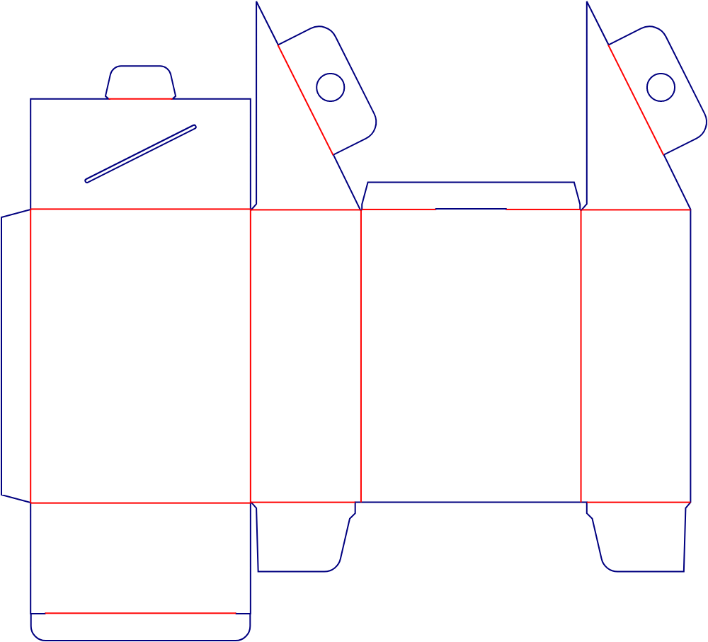 Flat dieline template for hanging tuck-end cartons with angled hanging openings, style E60295.