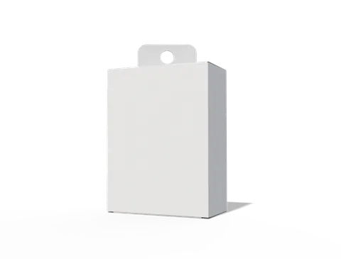 Reference view of hanging tuck-end cartons with angled hanging openings, style E60295.