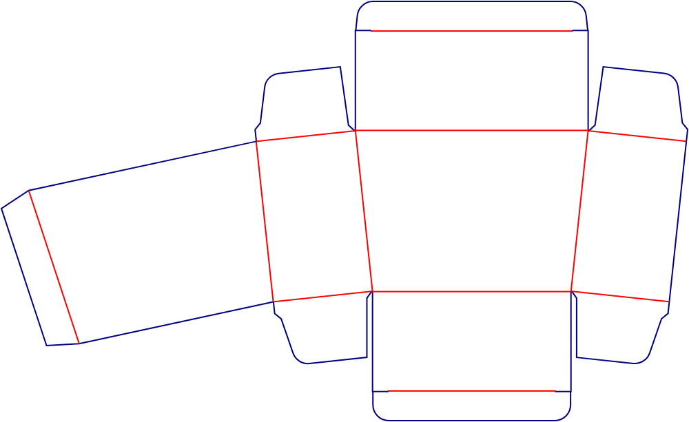 Flat dieline template for trapezoidal tuck-end cartons, style E60302.