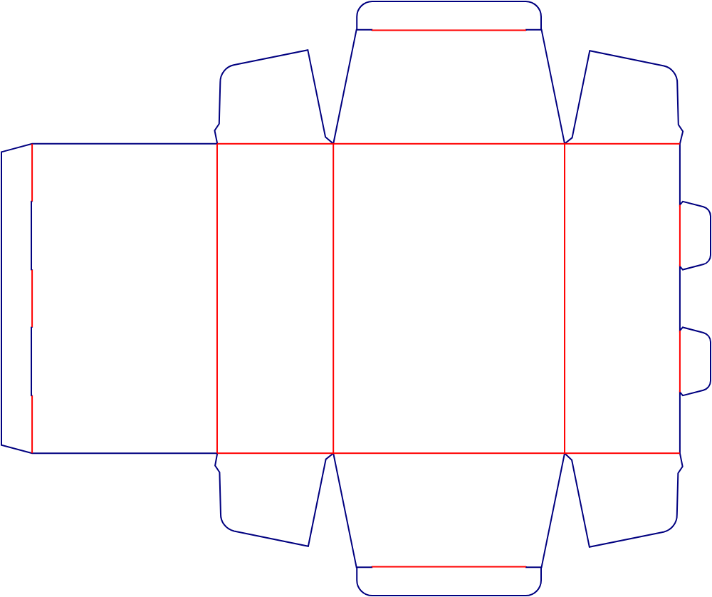 Flat dieline template for rear-opening tuck-end cartons, style E60320.