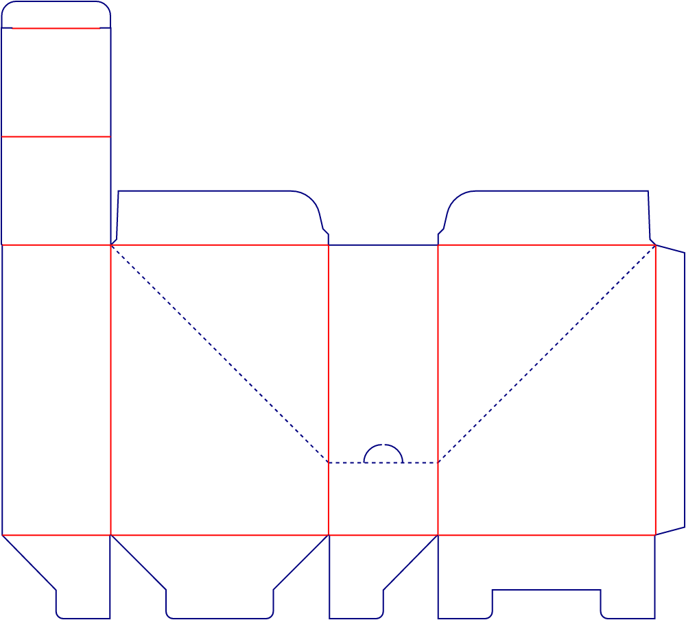 Flat dieline template for tuck-end cartons with tear-open details, style E60392.