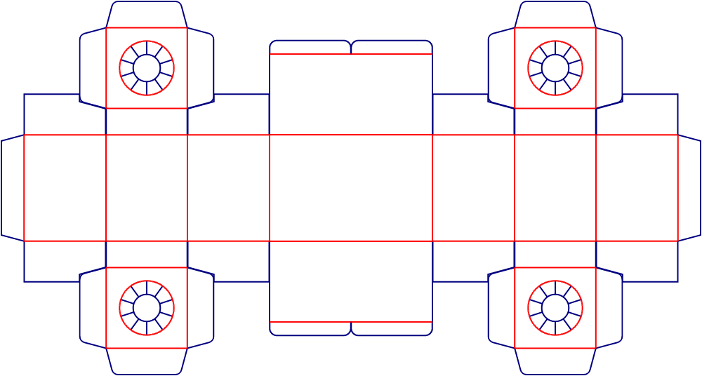 Flat dieline template for tuck-end cartons with circular openings, style E60406.