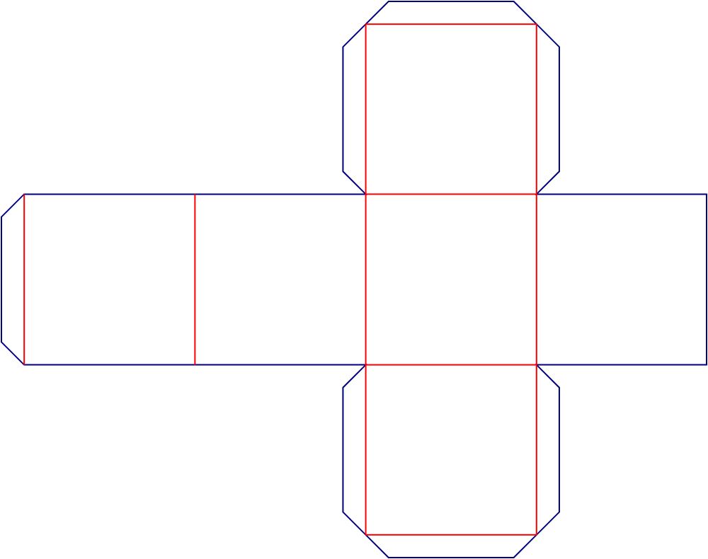Flat dieline template for cube folding cartons, style E60411.