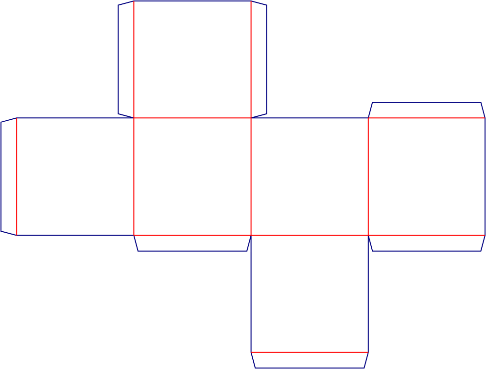 Flat dieline template for cube folding cartons, style E60419.