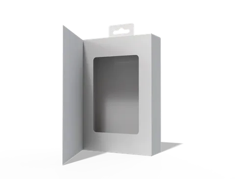 Reference view of hanging window cartons with hinged front covers, style E60465.