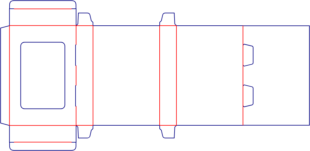 Flat dieline template for hinged-cover window boxes, style E60471.