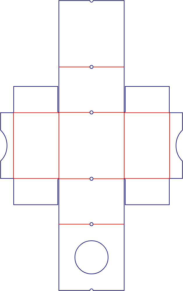 Flat dieline template for hinged-lid boxes with ribbon holes, style E60479.
