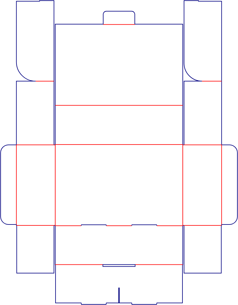 Flat dieline template for mailer boxes with interlocking closures, style E60481.
