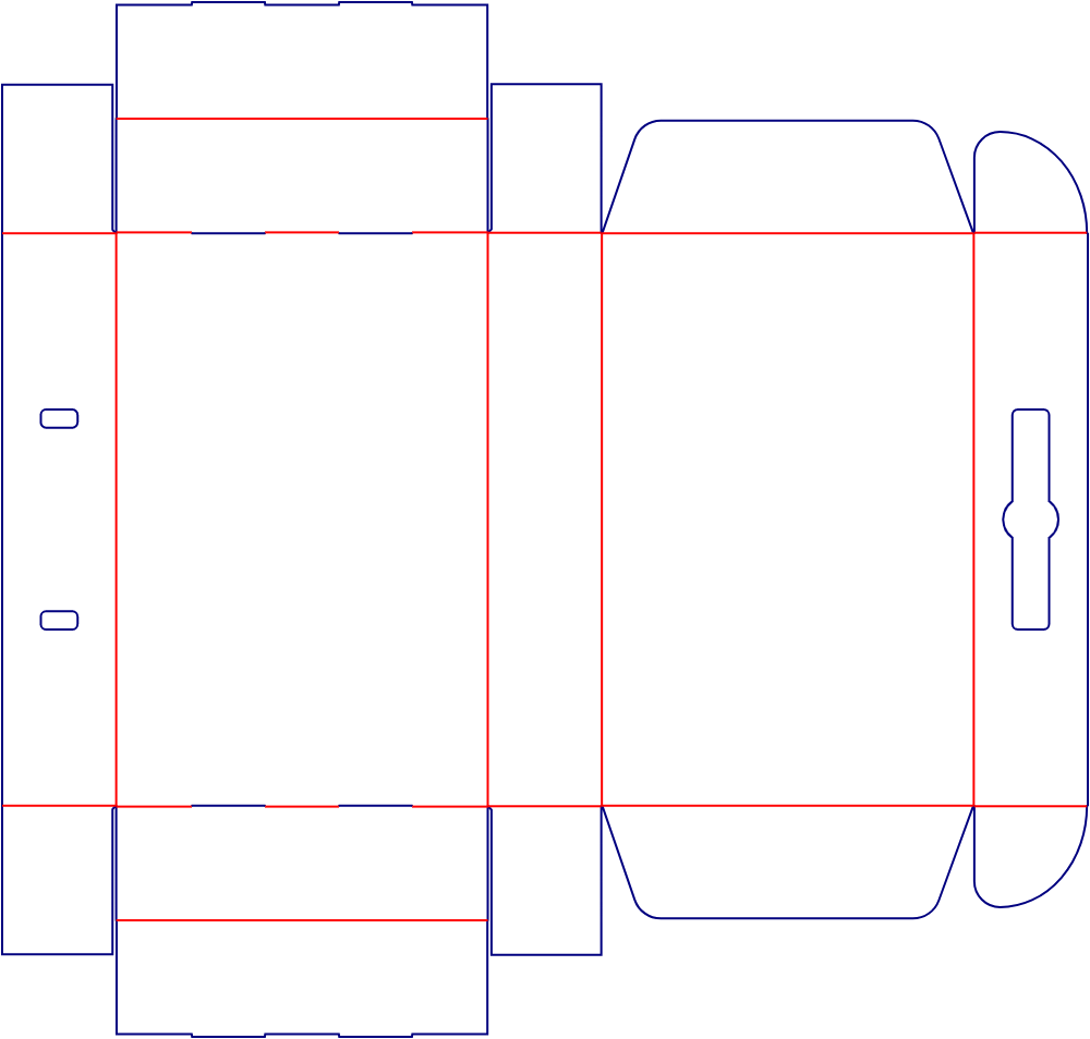 Flat dieline template for mailer boxes with handle openings, style E60496.