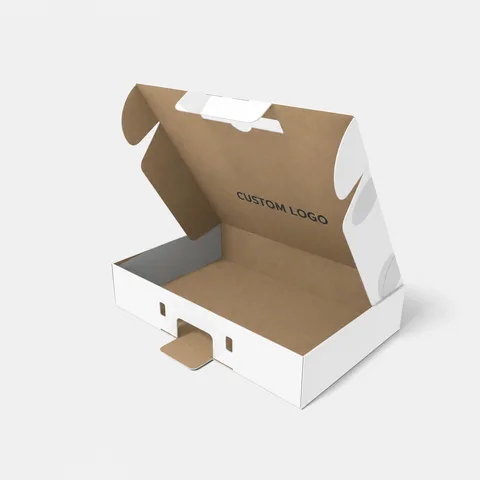 Reference view of hinged-lid mailer boxes with handle openings, style E60497.