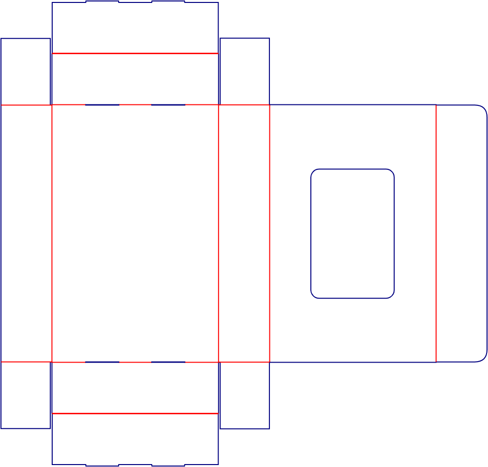 Flat dieline template for hinged-lid boxes with windows, style E60506.
