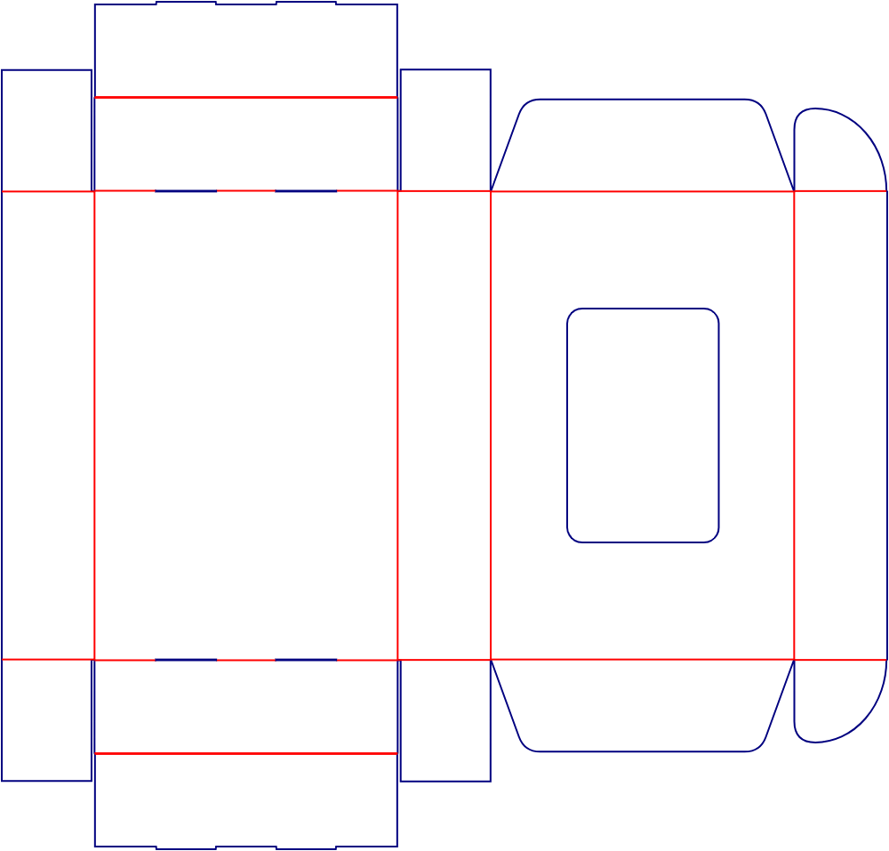Flat dieline template for hinged-lid mailer boxes with windows, style E60507.