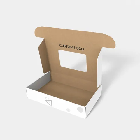 Reference view of hinged-lid mailer boxes with windows, style E60507.