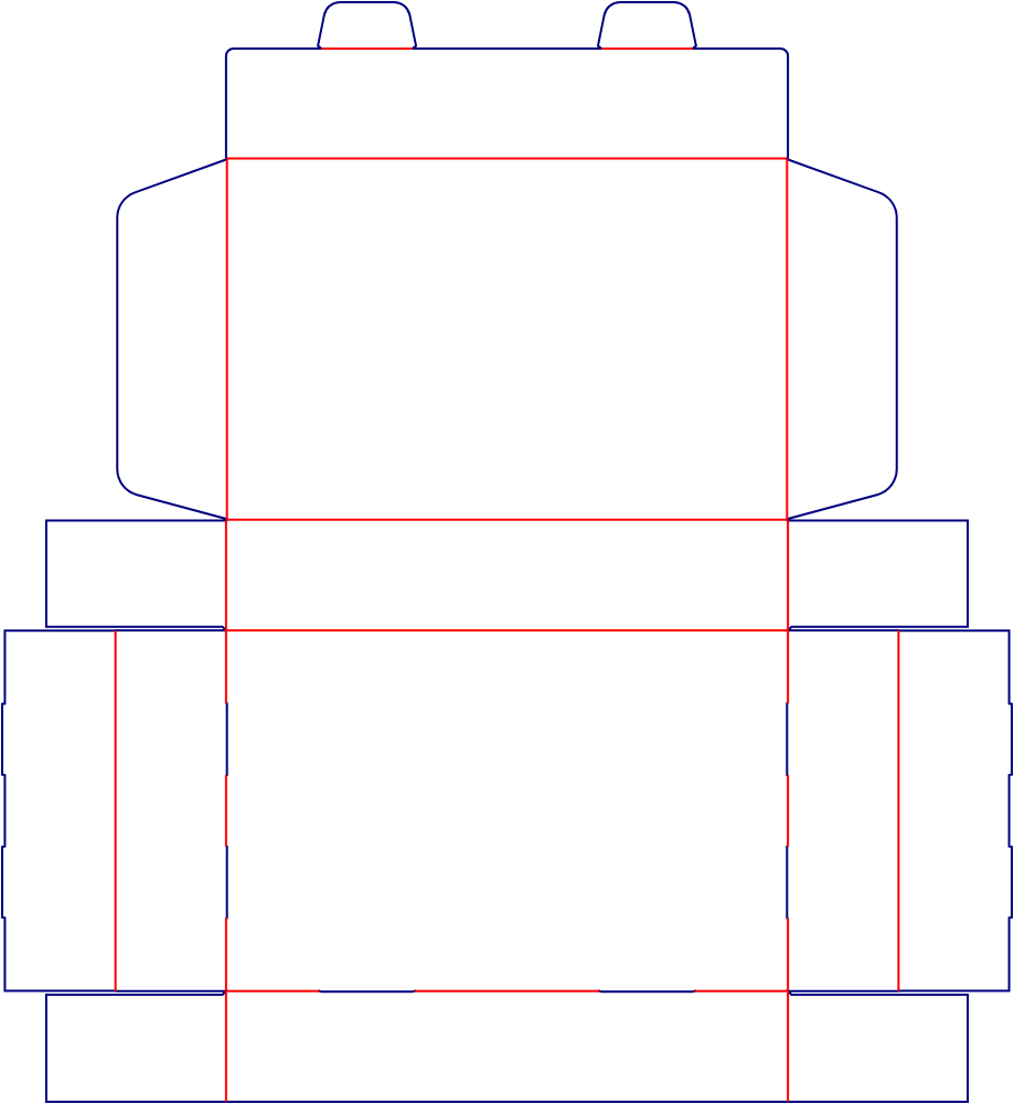 Flat dieline template for hinged-lid boxes with locking tabs, style E60514.