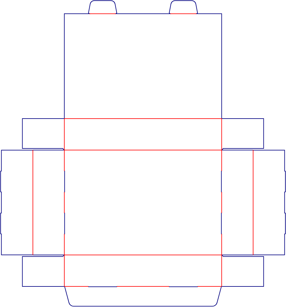 Flat dieline template for hinged-lid boxes with locking tabs, style E60515.