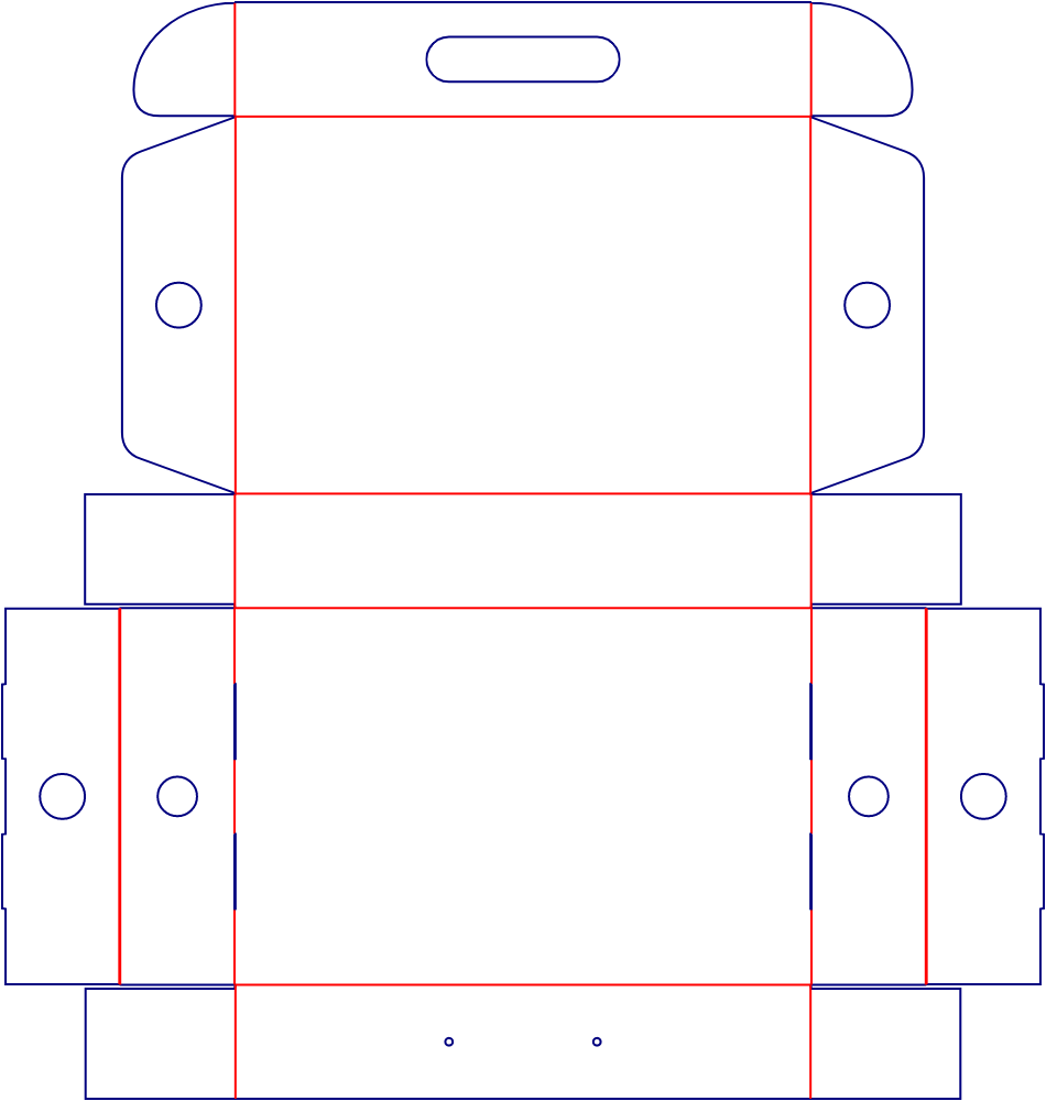 Flat dieline template for hinged-lid boxes with rope handles, style E60520.