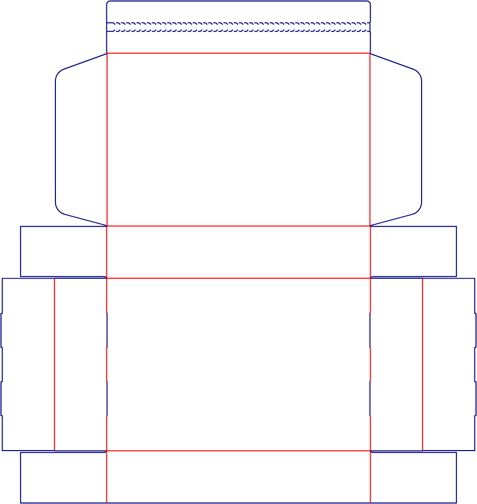 Flat dieline template for hinged-lid boxes with tear strips, style E60521.
