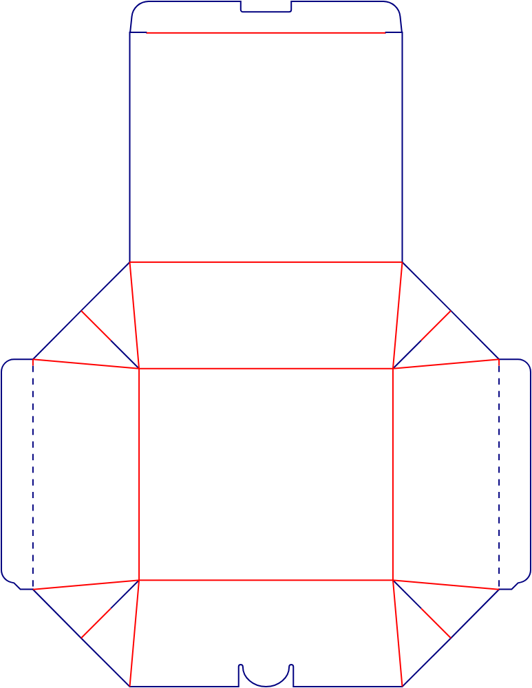 Flat dieline template for trapezoidal hinged-lid boxes, style E60545.