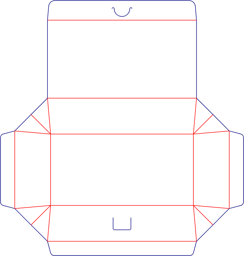 Flat dieline template for trapezoidal hinged-lid boxes, style E60546.