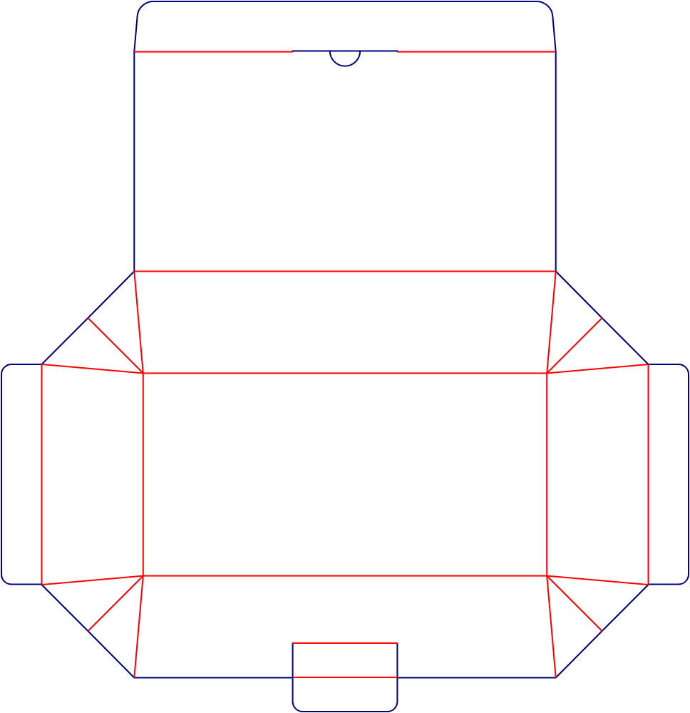 Flat dieline template for trapezoidal hinged-lid boxes, style E60563.