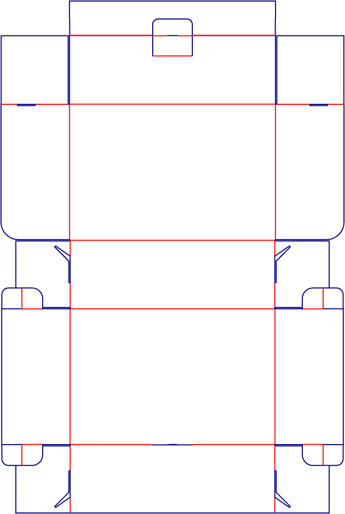 Flat dieline template for hinged-lid boxes with locking tabs, style E60579.