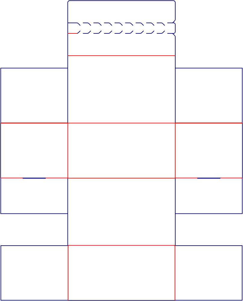 Flat dieline template for mailer boxes with tear strips, style E60587.