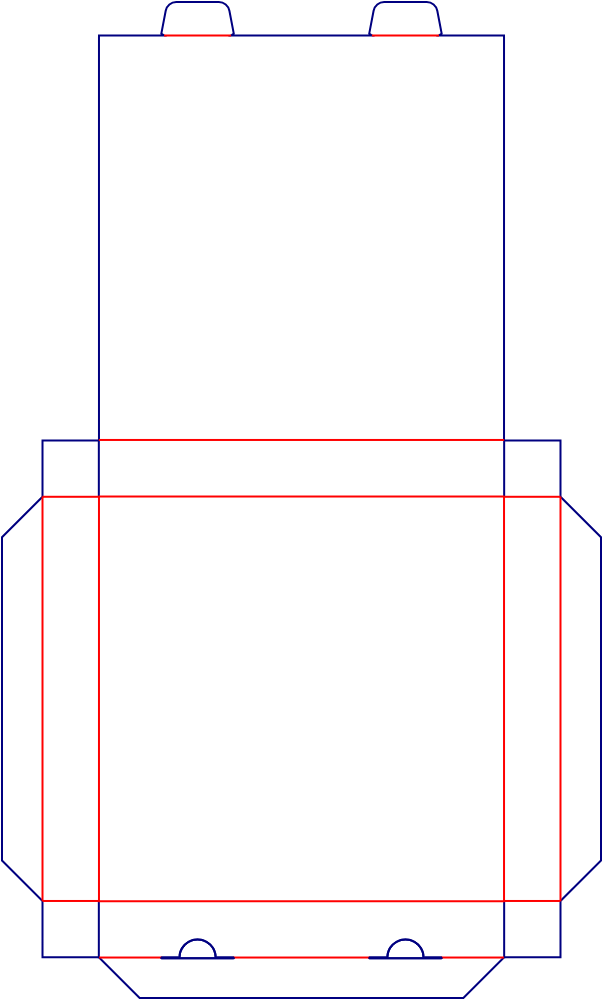 Flat dieline template for hinged-lid pizza boxes, style E60602.