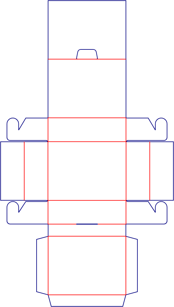 Flat dieline template for hinged-lid boxes with interlocking closures, style E60604.