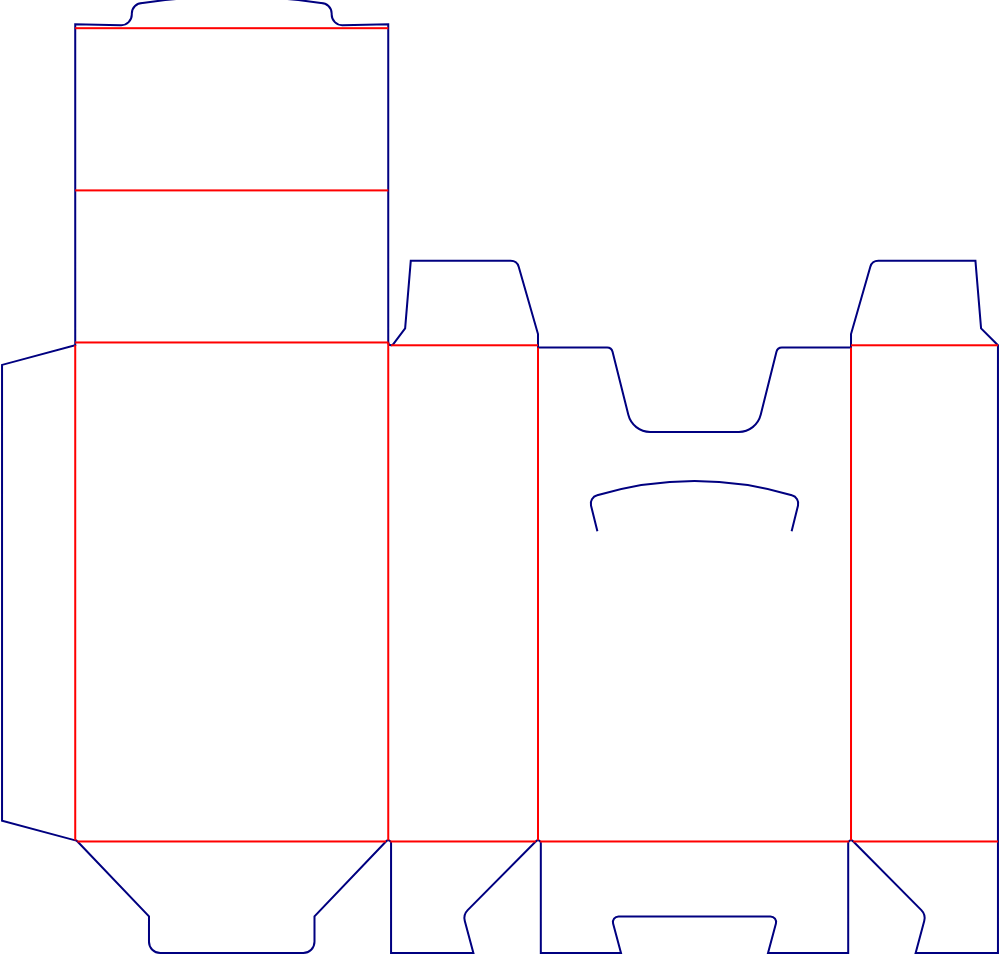Flat dieline template for hinged-lid boxes with locking tabs, style E60605.