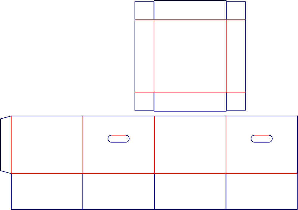 Flat dieline template for lid-and-base boxes with hand holes, style E60637.