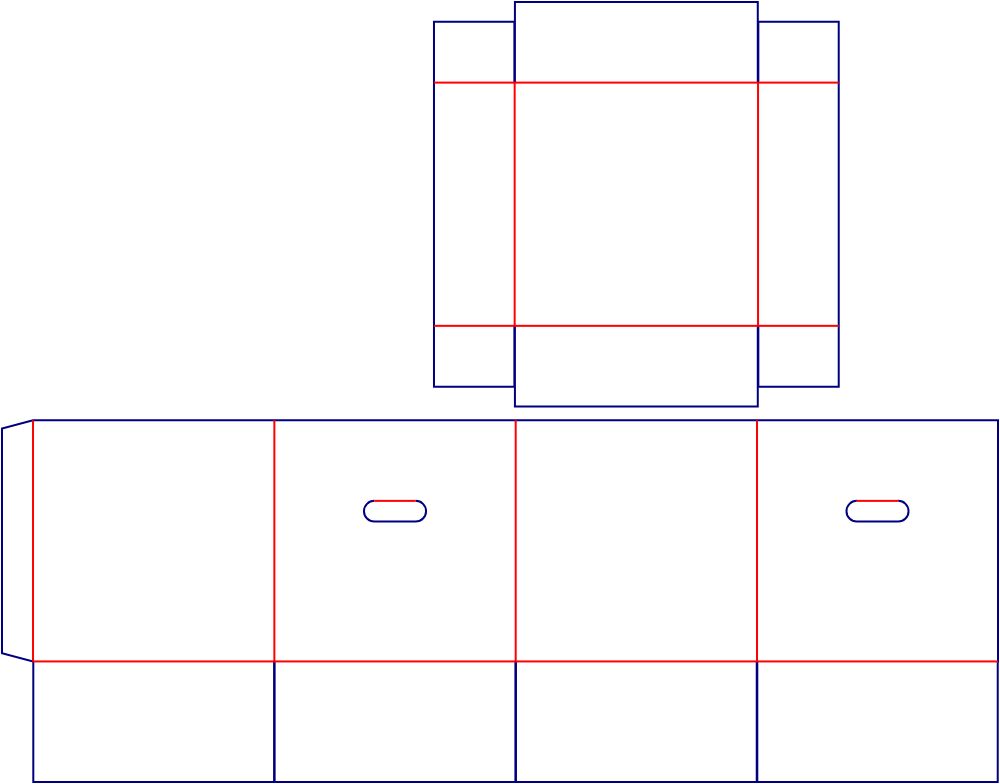 Flat dieline template for square lid-and-base boxes with hand holes, style E60638.