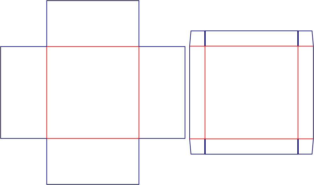 Flat dieline template for rectangular lid-and-base boxes, style E60645.