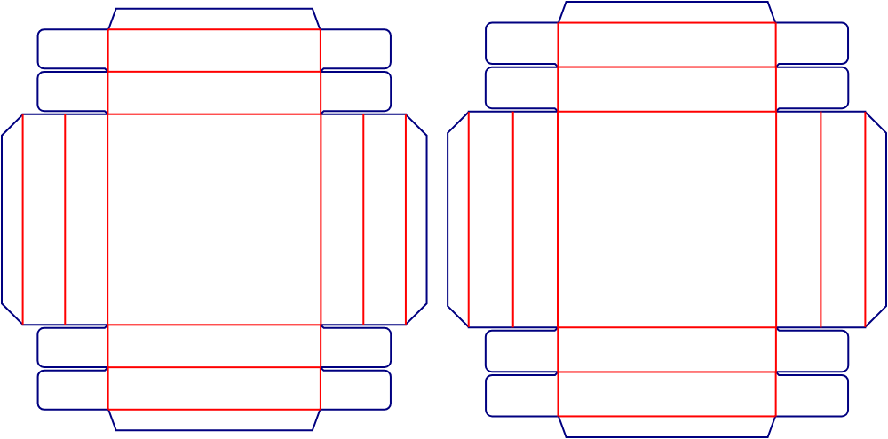 Flat dieline template for lid-and-base boxes, style E60655.