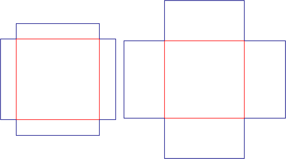 Flat dieline template for square lid-and-base boxes with ribbon details, style E60683.