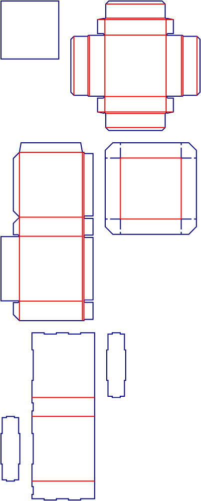 Flat dieline template for square rigid drawer boxes, style E60723.