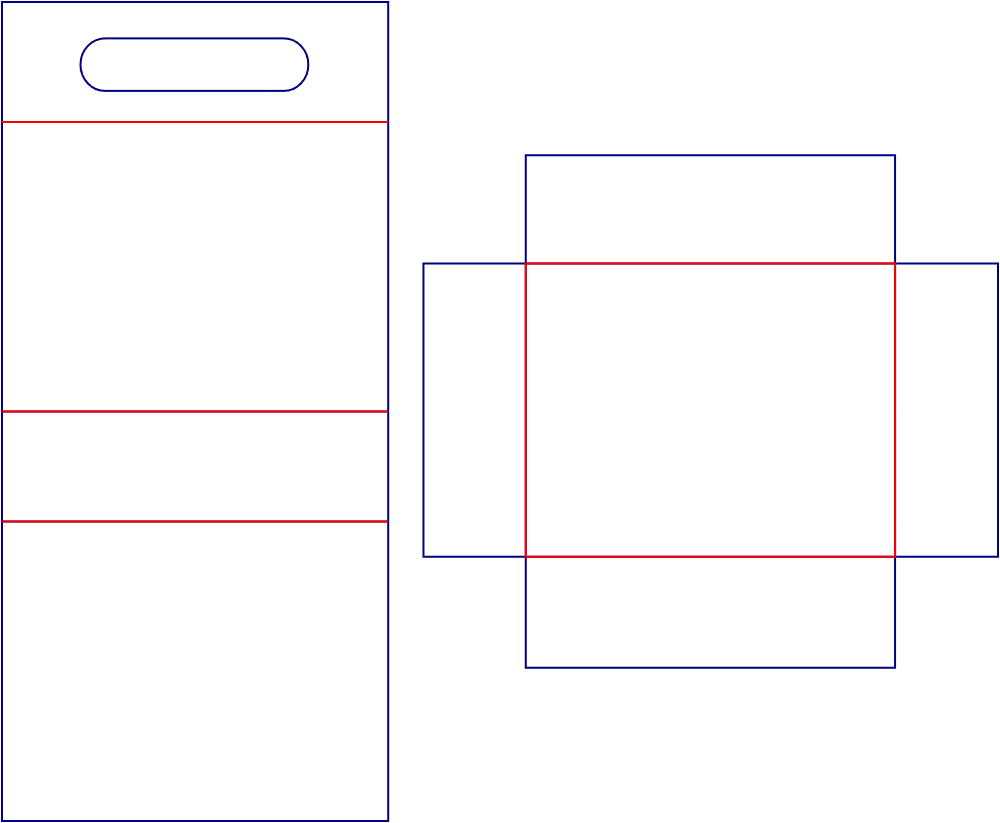 Flat dieline template for rigid gift boxes with handles, style E60744.