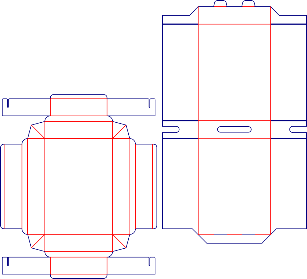 Flat dieline template for drawer boxes with handles, style E60747.