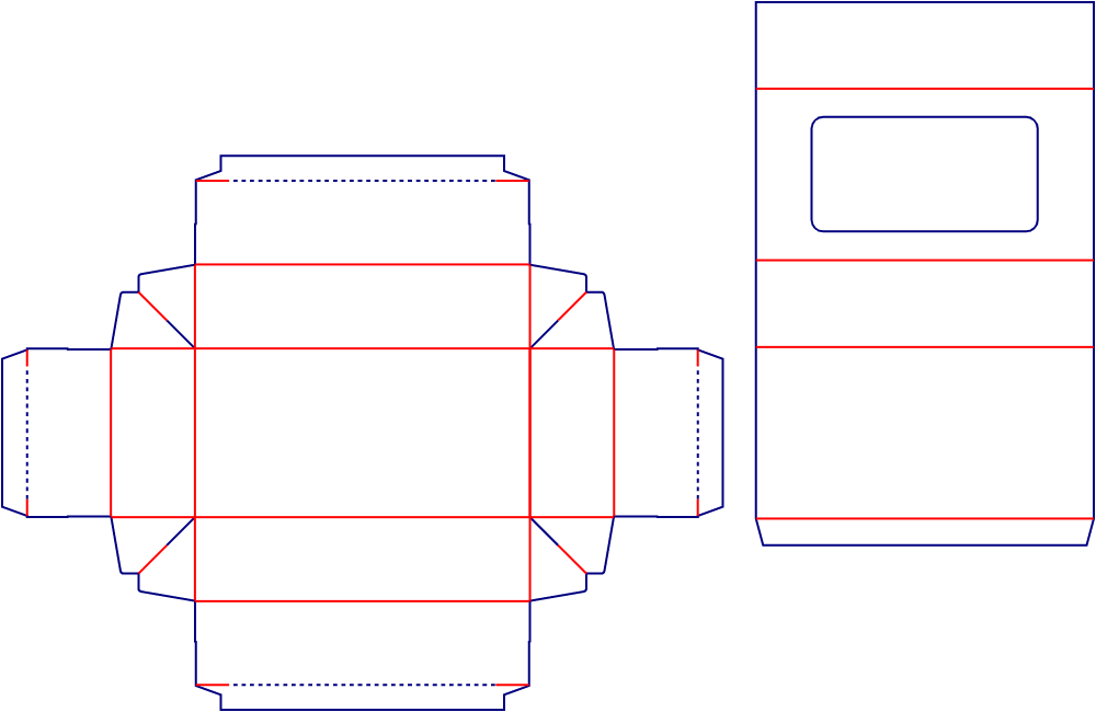 Flat dieline template for drawer boxes with windows, style E60752.