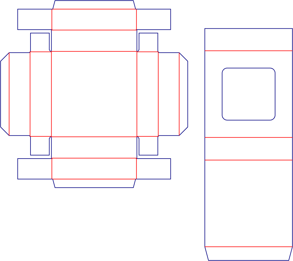 Flat dieline template for drawer boxes with windows, style E60758.