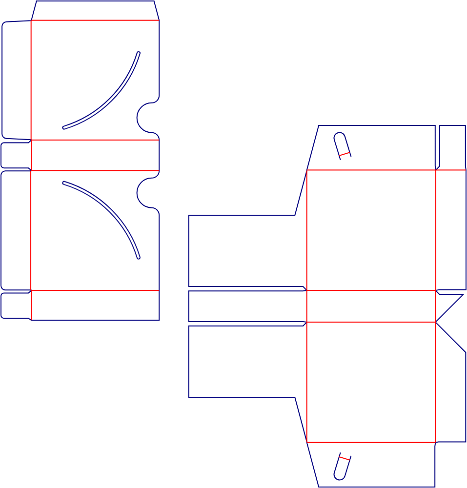 Flat dieline template for pivoting drawer boxes, style E60767.
