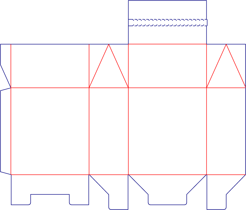 Flat dieline template for gable boxes with tear strips, style E60803.