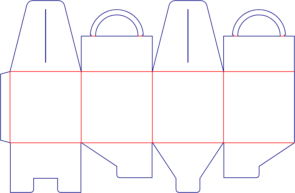 Flat dieline template for handle boxes with arched handles and locking bases, style E60807.